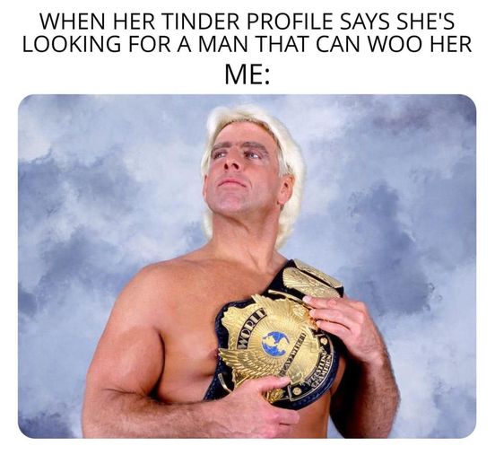 When her Tinder profile says she's looking for a man that can woo her - Ric Flair meme